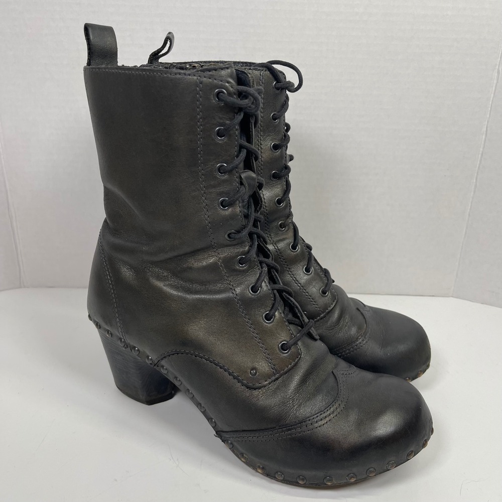 Dansko Nat Boots Women Size 40 Gray Studded Leather Lace Up Side Zip Clog Heel - Picture 2 of 10